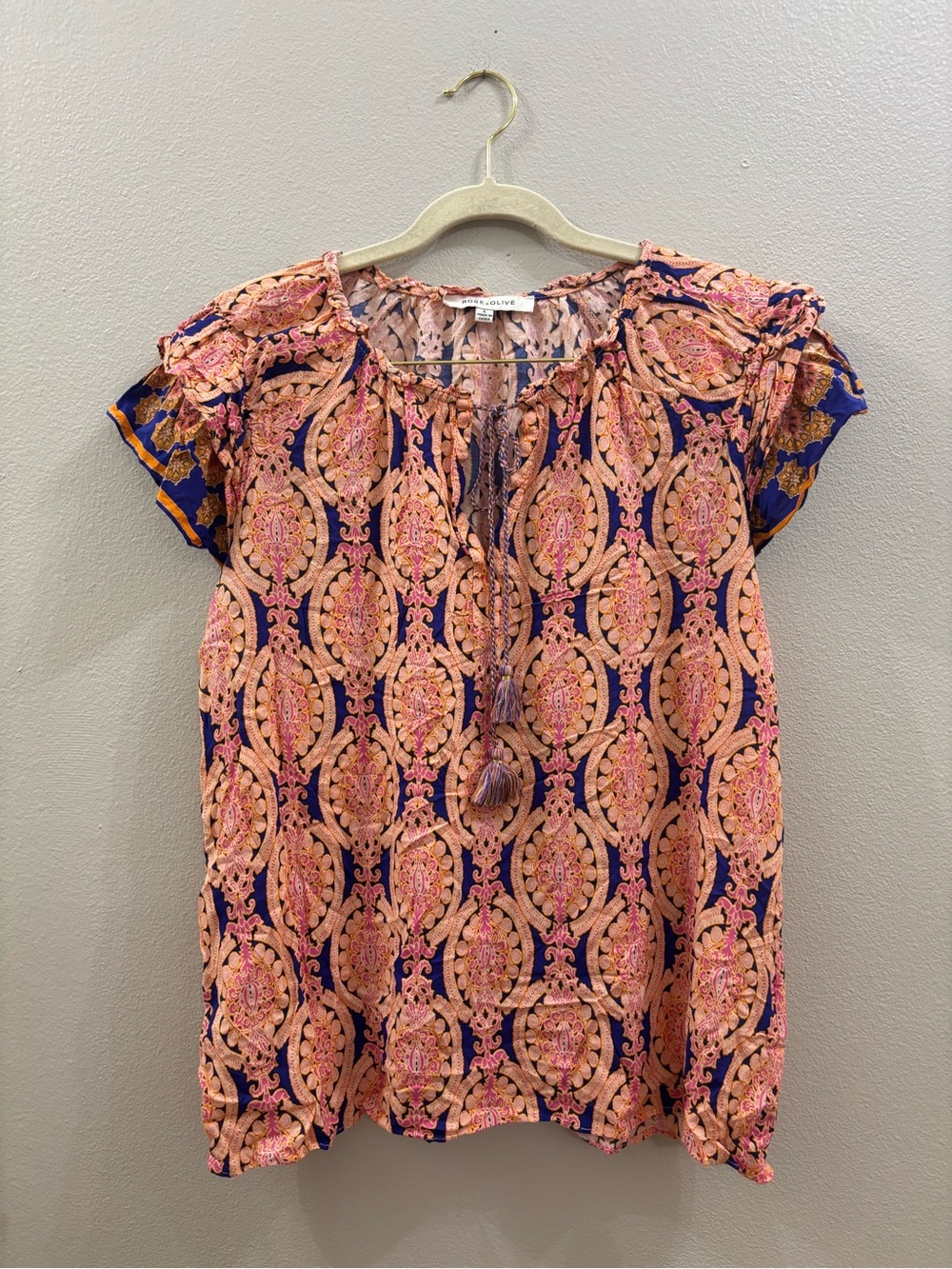 Rose & Olive Pink and Navy Printed Tie-Neck Peasant Blouse